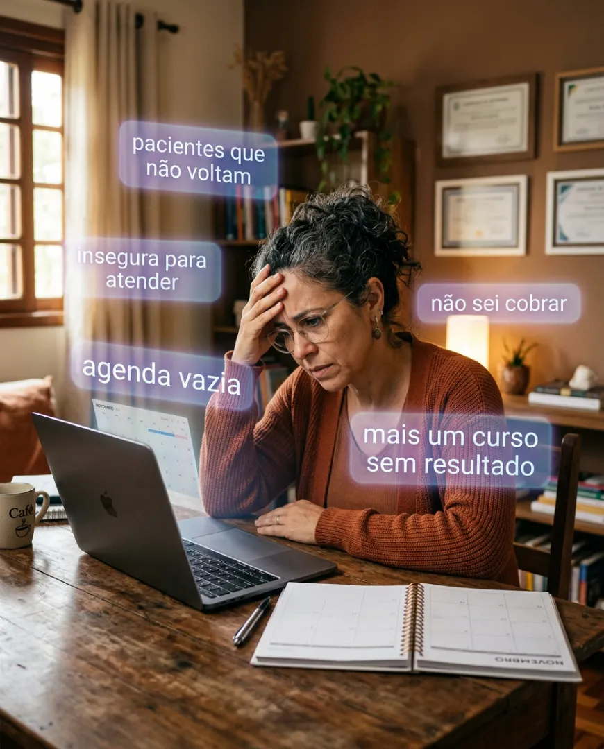 Terapeuta refletindo sentada a uma mesa de madeira